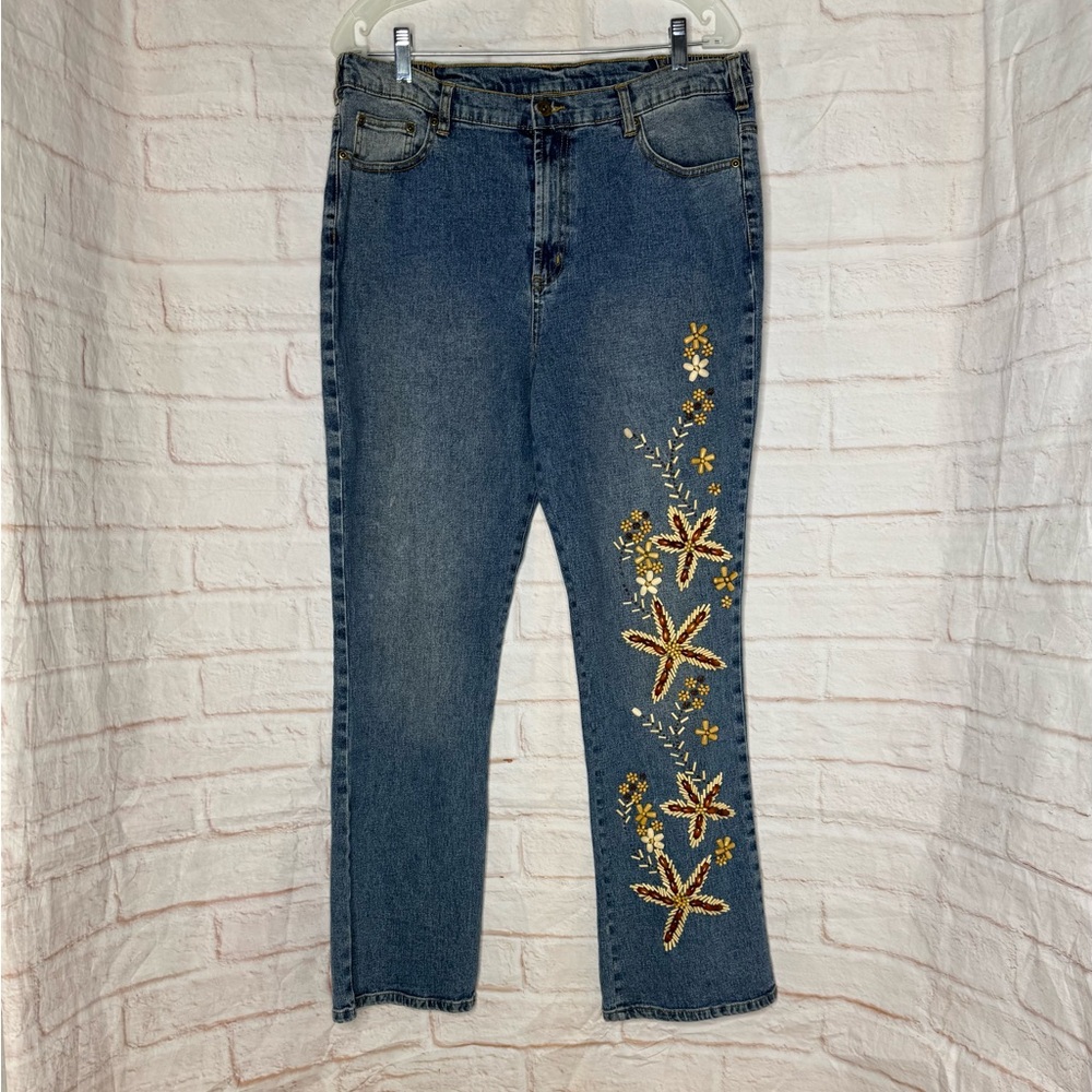 Diane Gilman Blue Jeans with Floral Embroidery